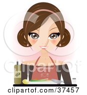 Clipart Illustration Of A Pretty Female Chef With Oil A Knife Lemon And Vegetables On A Cutting Board