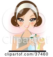 Clipart Illustration Of A Pretty Brunette Maid In An Apron Spraying Cleaner Onto A Rag