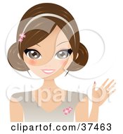 Poster, Art Print Of Pretty Brunette Lady Wearing A Floral Headband Smiling And Waving