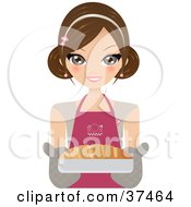 Poster, Art Print Of Pretty Female Chef Holding Out Fresh French Bread In A Dish