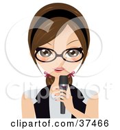 Poster, Art Print Of Professional Brunette Woman Speaking Into A Microphone