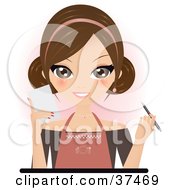 Clipart Illustration Of A Friendly Brunette Waitress Holding A Pen And Notepad Ready To Take An Order by Melisende Vector