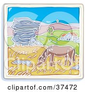 Poster, Art Print Of Horse Grazing On Grasses Near A Home With Rolling Hills In The Background