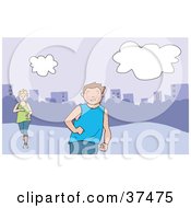 Clipart Illustration Of A Man And Woman Jogging In A City Park A Skyline In The Background by Lisa Arts