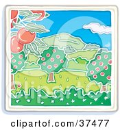Poster, Art Print Of Apple Tree Orchard Growing Red Fruits With Mountains In The Distance