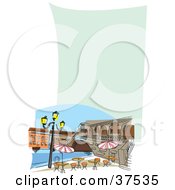 Clipart Illustration Of An Outdoor Cafe Near A Bridge On The Riverfront On A Blank Restaurant Menu