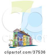 Clipart Illustration Of A Table Near A Building On A Blank Restaurant Menu With Green And Blue Spaces For Text by Eugene