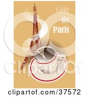 Poster, Art Print Of Hot Cup Of Coffee With Steam Winding Up The Eiffel Tower On A Cafe De Paris Background