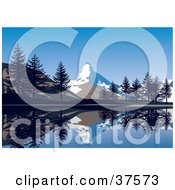 Clipart Illustration Of A Beautiful Snow Capped Mountain Of The Alps Reflecting With Trees In A Still Lake