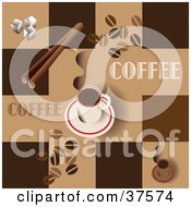 Hot Cup Of Coffee On A Saucer On A Brown Background With Squares Coffee Beans Cinnamon Sticks And Sugar Cubes