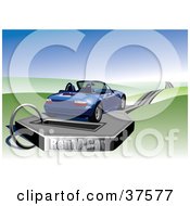 Poster, Art Print Of Blue Convertible Rental Car On A Platform With A Road Through Rolling Hills