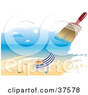 Clipart Illustration Of A Paintbrush Painting A Scene Of A Hat On A Beach Towel With A Beverage And Starfish by Eugene