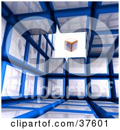 Clipart Illustration Of An Orange And White Box Cube Floating In An Opening Of A Blue Cubic Diagramatic Structure by Tonis Pan