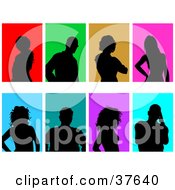 Clipart Illustration Of Eight Black Silhouetted Male And Female Avatars With Colorful Backgrounds by KJ Pargeter