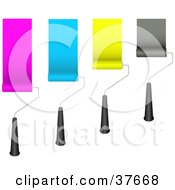 Poster, Art Print Of Four Rolling Paint Brushes Painting Pink Blue Yellow And Black Strips On A Wall
