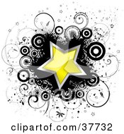 Poster, Art Print Of Shiny Yellow Star Trimmed In Chrome On A Black Splatter With Circles Stars And Vines