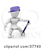 3d White Character In A Hat Stepping On His Skateboard And Grasping The Tip