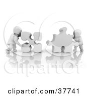 Poster, Art Print Of 3d White Characters Pushing Two Jigsaw Puzzle Pieces Together To Fit