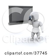 3d White Character Filming A Home Video With A Handy Cam In Front Of A Wall Mounted Plasma Tv