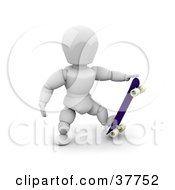 Poster, Art Print Of 3d White Character Stepping On The Edge Of His Skateboard And Grasping The Tip