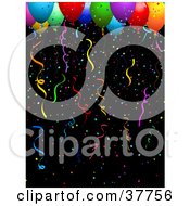 Poster, Art Print Of Colorful Confetti And Helium Filled Balloons And Streamers On A Black Background