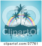 Poster, Art Print Of Dripping Grunge Text Box With Three Palm Trees And A Rainbow On A Blue Background With Faint Circles