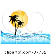 Clipart Illustration Of A Sun Silhouetting Palm Trees On An Island With Blue Waves