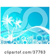 Clipart Illustration Of A Blue Background With White Palm Trees Splatters Circles And Waves
