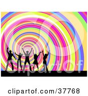 Clipart Illustration Of A Spiraling Rainbow Background With Dancing Men And Women Silhouetted In The Foreground
