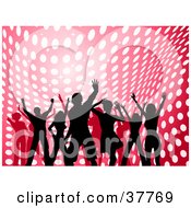 Clipart Illustration Of Silhouetted Dancers In Front Of A Pink And Red Background With Wavy White Dots
