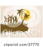 Poster, Art Print Of Silhouetted People Dancing Near Palm Trees On A Grunge Brown Text Box Over Beige