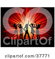 Clipart Illustration Of Silhouetted Ladies Dancing In Front Of A Bursting Red Star Background