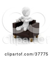 3d White Character Sitting In A Leather Arm Chair Sipping A Latte