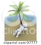 3d White Character Resting Under A Palm Tree On A Deserted Island