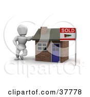 Poster, Art Print Of 3d White Character Home Owner Or Realtor Leaning Against A Sold Brick Home