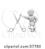 3d White Character Hairdresser Standing With A Giant Pair Of Scissors