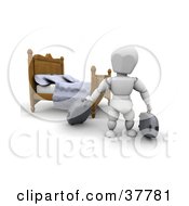 3d White Character With Luggage Near A Bed In A Hotel Room