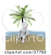 Poster, Art Print Of 3d White Character On Vacation Relaxing Under A Palm Tree On A Deserted Island