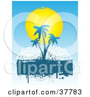 Poster, Art Print Of Yellow Sun Behind Blue Silhouetted Palm Trees On A Blank Text Box With White Circles On A Blue Background