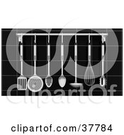 Clipart Illustration Of A Chrome Kitchen Utensils Hanging From A Rack On A Black Tiled Wall by KJ Pargeter
