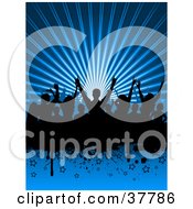 Poster, Art Print Of Black Silhouetted Dancing Crowd On A Bursting Blue Background With Stars