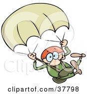 Clipart Illustration Of A Daring Man In Green Descending With A Parachute While Sky Diving