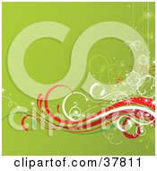 Poster, Art Print Of Green Christmas Background With Waves Of Red And White And White Ornaments