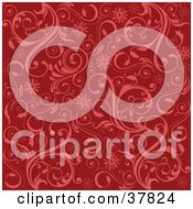 Poster, Art Print Of Red Floral Patterned Background With Scrolls And Snowflakes