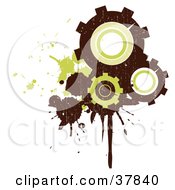 Poster, Art Print Of Three Brown And Green Grungy Gear Cogs With Splatters And Drips