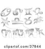 Clipart Illustration Of Twelve Shiny Silver Libra Gemini Sagittarius Capricorn Virgo Aquarius Aries Scorpio Cancer Taurus Pisces And Leo Zodiac Astrology Symbols