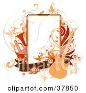 Poster, Art Print Of Guitar Trumpet And Vines Around An Orange Text Box With A Brown Banner