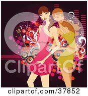 Clipart Illustration Of Two Pretty Ladies In Mini Dresses Posing In Front Of A Music Background Of Dots Guitars Equalizer Bars And Speakers by OnFocusMedia
