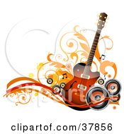 Poster, Art Print Of Guitar With Orange And Black Speakers Waves Vines And Splatters