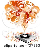 Poster, Art Print Of Record Player With Vines Red And Orange Waves Of Sound And Circles